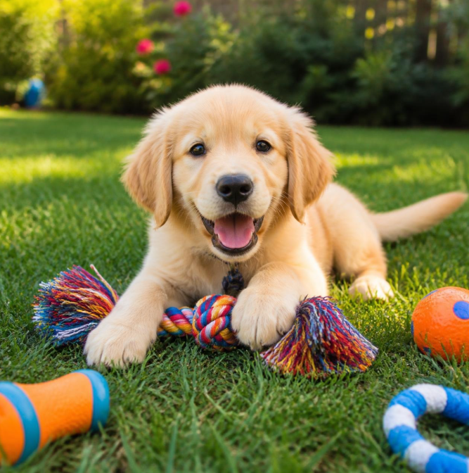 A happy Golden Retriever puppy sitting on the grass, surrounded by colorful dog toys.