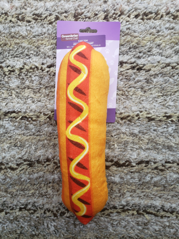 A hot dog-shaped plush dog toy with a yellow wavy mustard line, red filling, and tan bun, attached to a purple cardboard hanger, placed on a gray shag carpet.