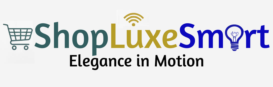Logo of ShopLuxeSmart with shopping cart, Wi-Fi, and light bulb icons on a white background.